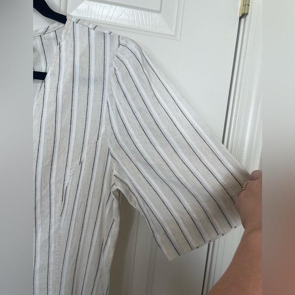 ICHI Striped Button Down Maxi Dress Linen Blend Look V-Neck Short Sleeve Neutral - Picture 6 of 15